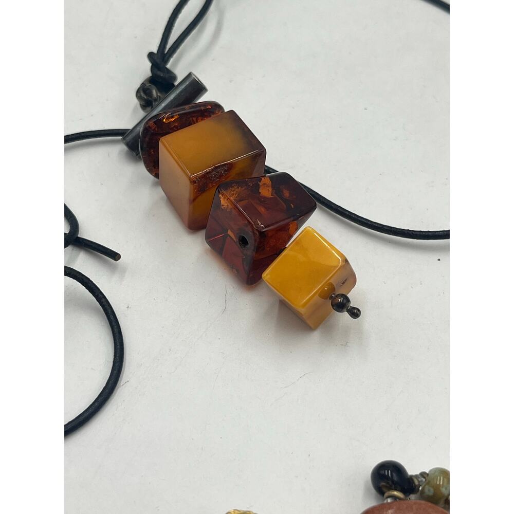 Sterling Silver Vintage Cube Modernist Triple Amber Pendant Black Chord Necklace - Picture 14 of 16